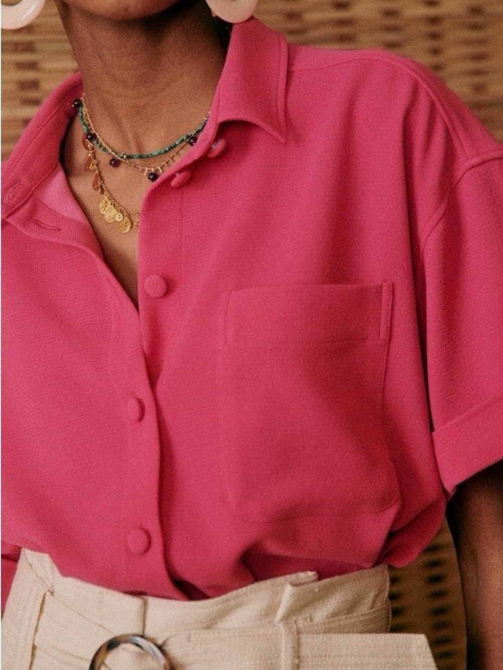 Sezane Hot Pink Laurine Short-Sleeve Button-Up Top Size M Coastal Chic